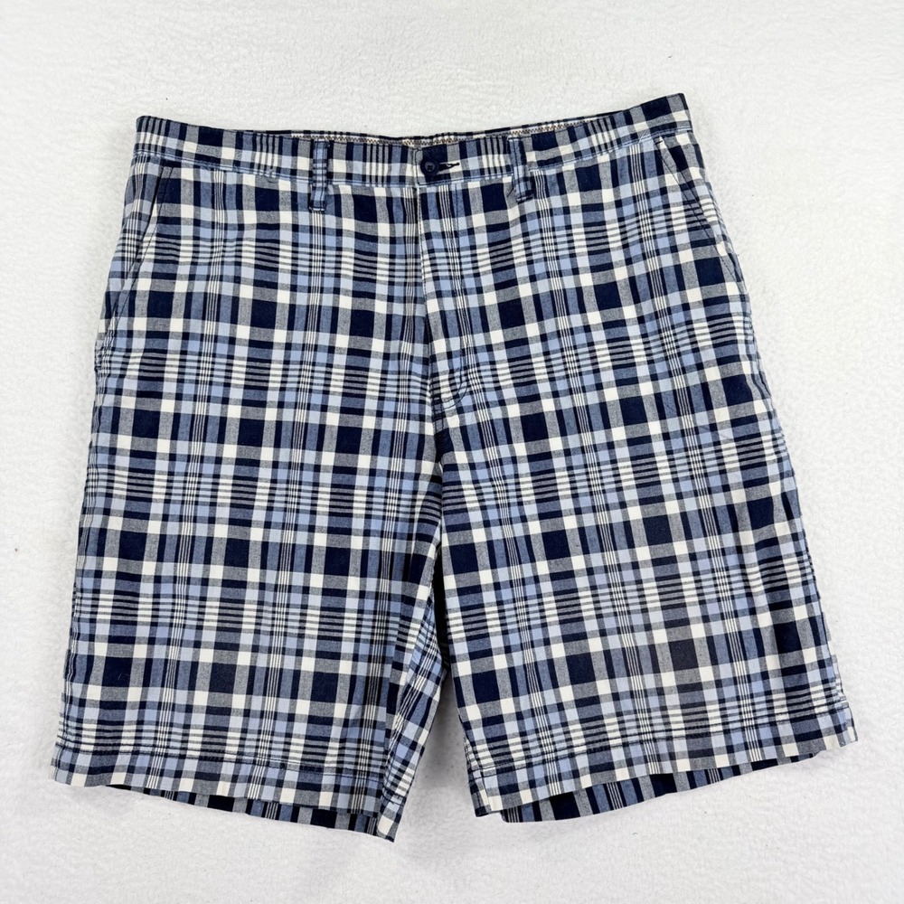 Sonoma Shorts Mens 38‎ Blue White Plaid Cotton Casual Chino Flat Front Dad Core